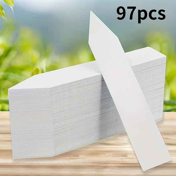 TEMU 97ks bílých voděodolných PVC štítků na rostliny, 1,97x0,39 palců odolné zahradní visačky, vhodné pro květináče a květiny, opakovaně použitelné