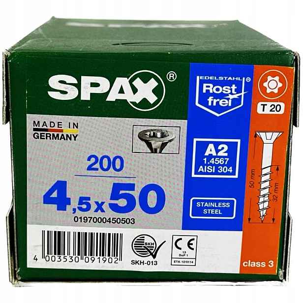 Nerezové vruty 4,5x50 mm, vruty do dřeva A2 nerezová ocel Spax 200 ks