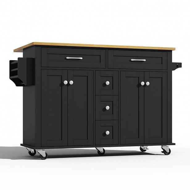 Modfu KUCHYŇSKÝ vozík z MDF 140x40(65)x89 cm černo-přírodní na kolečkách se sklopnou deskou, zásuvkami a skříňkami