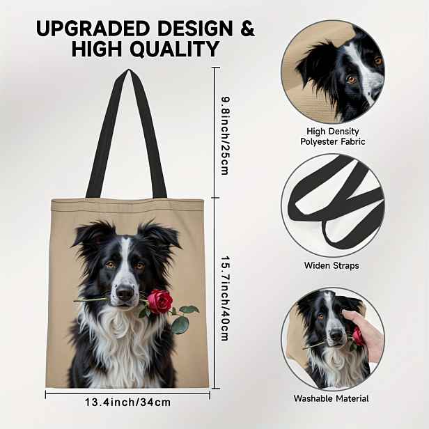 TEMU 1ks Stylová Taška s Potiskem Border Collie & Růže - Velká Opakovaně Použitelná Nákupní Taška z Odolného Polyesteru, Pratelná Ramenní Taška pro