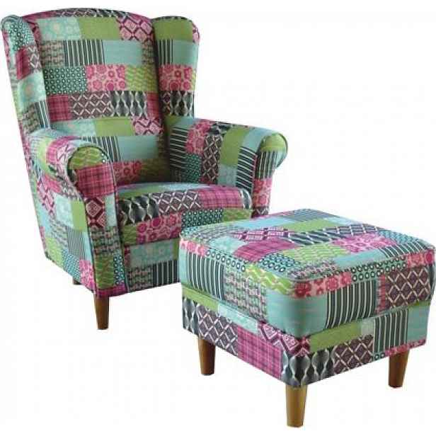 Křeslo s taburetem Porterie, látka patchwork M1