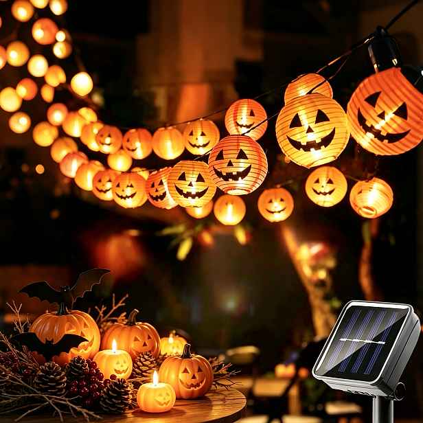 TEMU Solární venkovní řetězová světla, Závěsná halloweenská řetězová světla, Dýňová dekorativní pohádková světla, Automatické zapnutí v noci po
