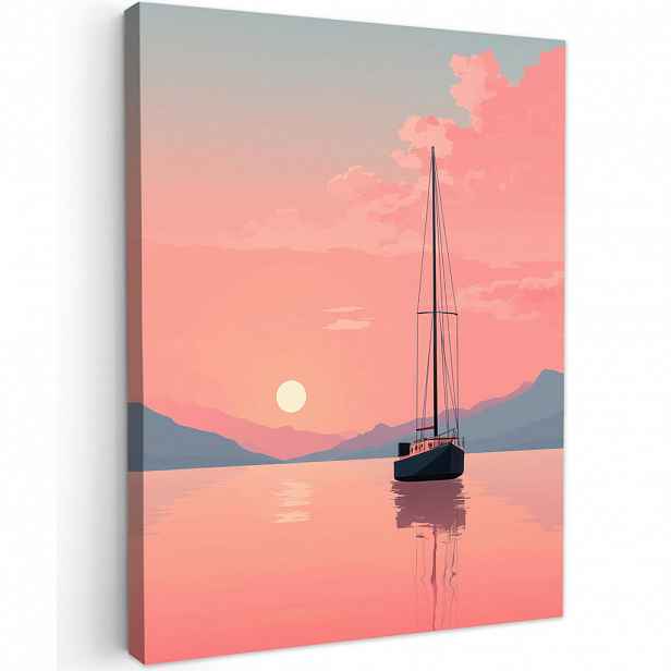 MuchoWow OBRAZ NA PLÁTNĚ Plachetnice - Růžové moře - Západ slunce - Hory 60x80 cm