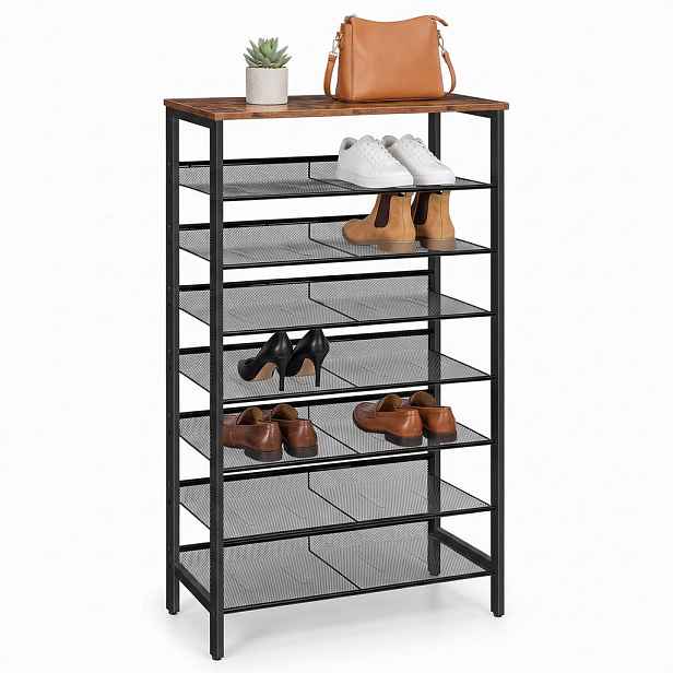 Relaxdays REGÁL NA BOTY vintage hnědá kov MDF 8 úrovní 137 cm