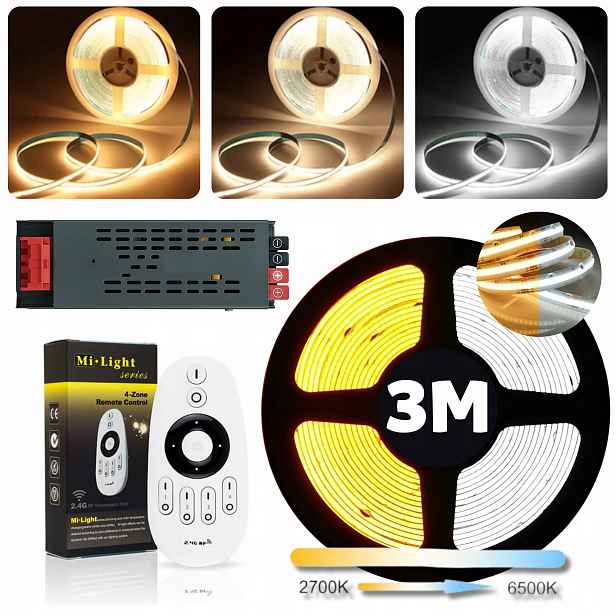 Set Teplo-studená Led páska Cob Cct 3000-6500K 24V 14W/m, kontinuální vedení 3 m