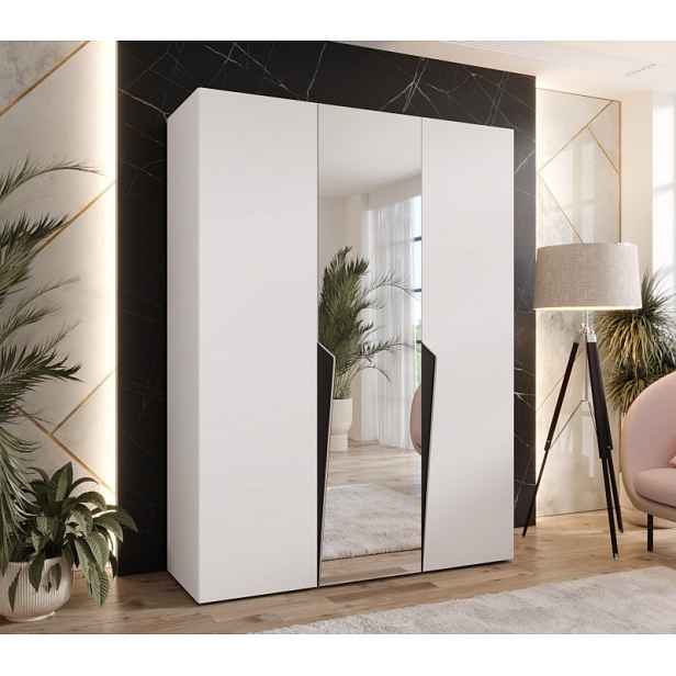 Elegantní skříň 150 cm SORAYA 2 se zrcadlem - bílá / černé úchyty