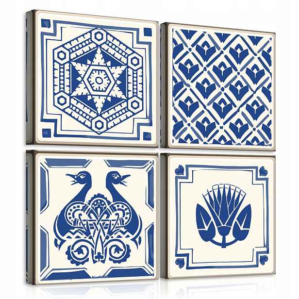 Obraz 50x50 Mozaika modro-bílý vzor mělký ornament ptáci květiny styl