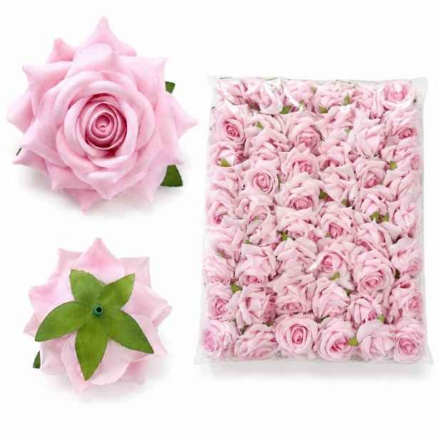Hlavičky umělých růží 50 ks 5,5 x 3 cm, samet v růžové barvě
