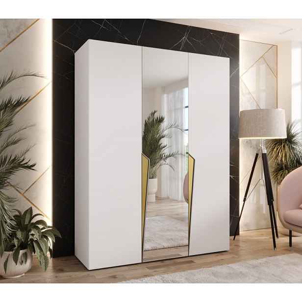 Elegantní skříň 150 cm SORAYA 2 se zrcadlem - bílá / zlaté úchyty