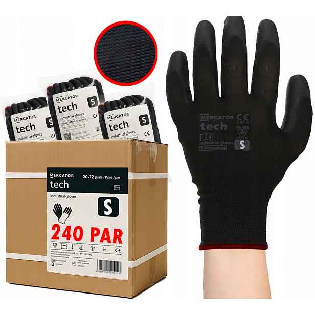 Pracovní Rukavice Tech Mercator Black+Black Poliur Lehké vel. S 240 párů