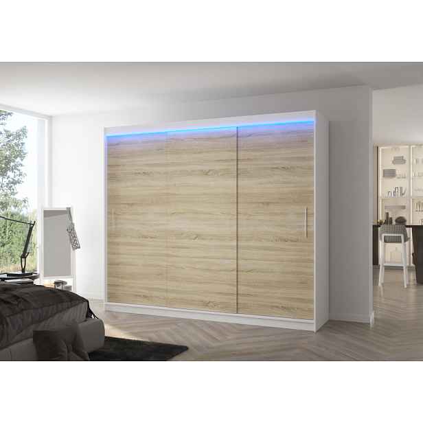 Velká šatní skříň 250 cm s LED osvětlením GADRIS - bílá / dub sonoma