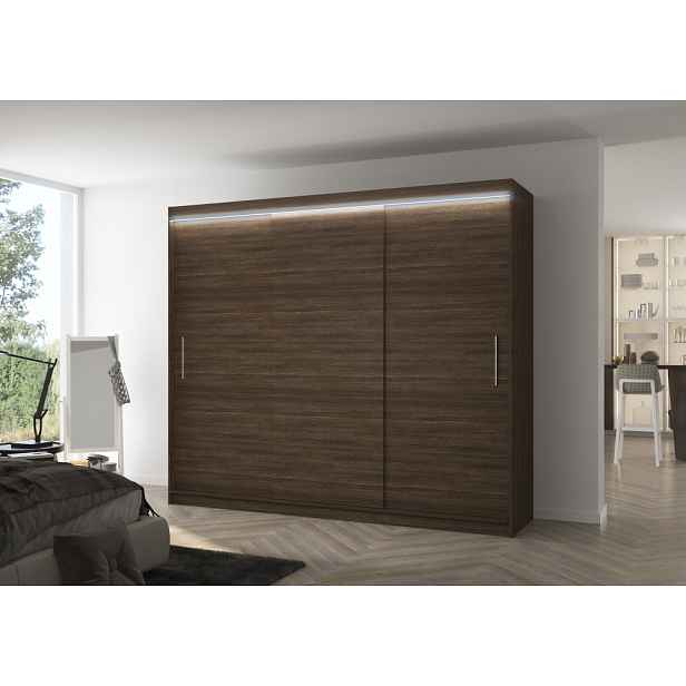 Velká šatní skříň 250 cm s LED osvětlením GADRIS - tmavě hnědá