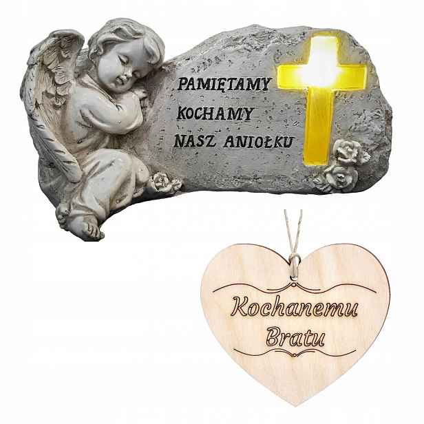 Hřbitovní Svíčka Figurka Anděl strážný na hrob Bratra Osvětlený kříž