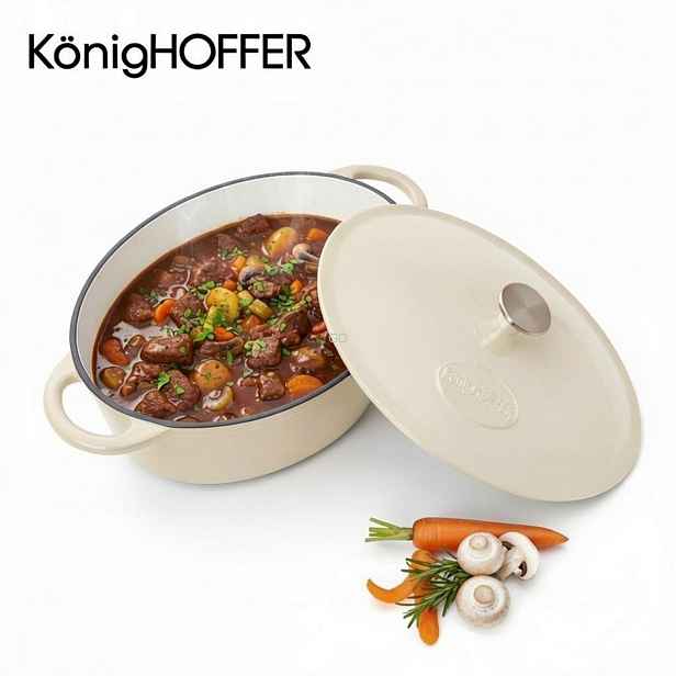 Zapékací Mísa litinový smaltovaný oválný Konighoffer 6,4 l krémový víko 32 cm