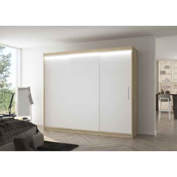 Velká šatní skříň 250 cm s LED osvětlením GADRIS - dub sonoma / bílá
