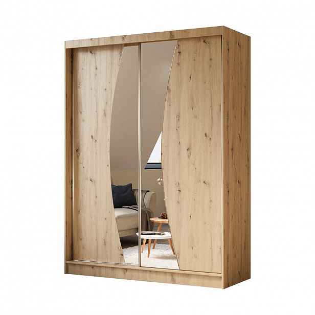 ALTDECOR ŠATNÍ SKŘÍŇ s posuvnými zrcadlovými dveřmi a hliníkovými lamelami – VOXI – 160 cm dub artisan