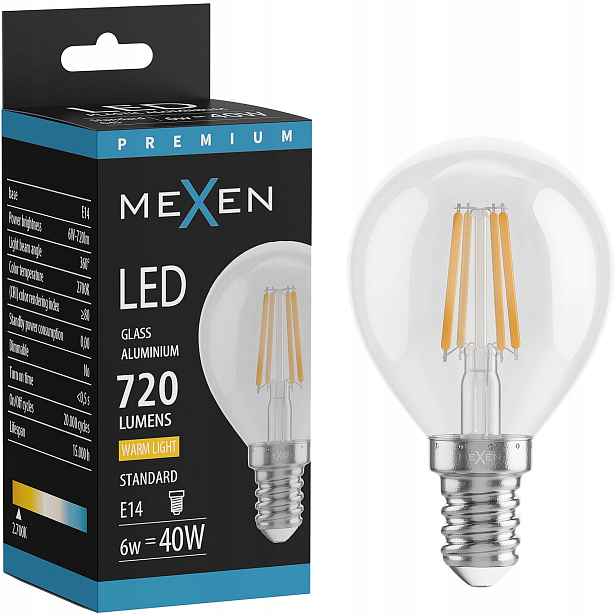 Mexen Vintis Led Žárovka Filament E14 G45 6W Teplá Bílá 2700K 720 LM Čirá