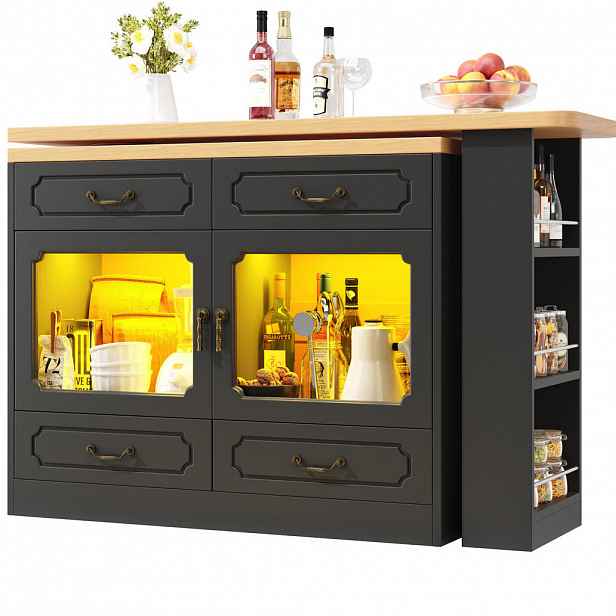 Modfu BAROVÝ stůl z MDF 135-203x39x92,8 cm černá/přírodní s LED osvětlením, 360° otočnou deskou a úložným prostorem