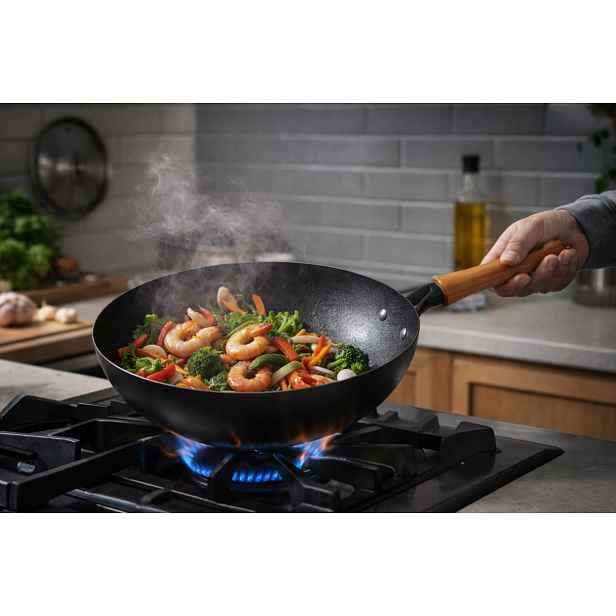 Pánev Wok 32 cm Hluboká dřevěná rukojeť Indukce