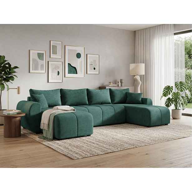 Rozkládací oboustranná sedací souprava do U SEVIO 311x145 cm, lahvově zelená + 2 polštářky ZDARMA