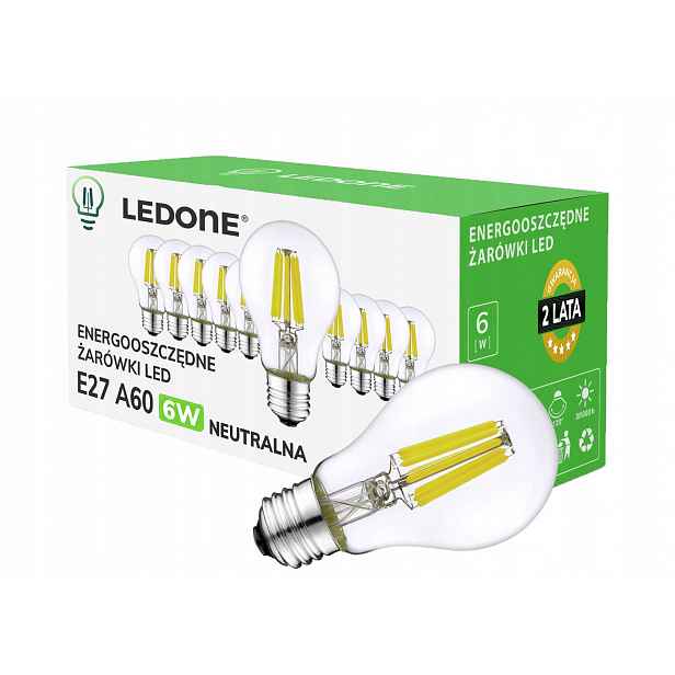 10x Led filamentová žárovka E27 A60 6W bílá Neutrální Clear Led sada