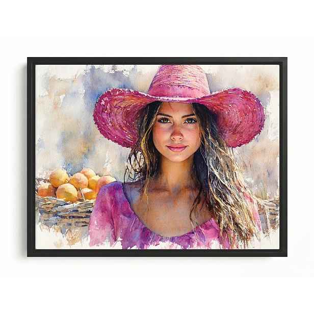 Obraz Rám Americká Krabička Žena V Růžovém Klobouku Akvarel Léto 80x60