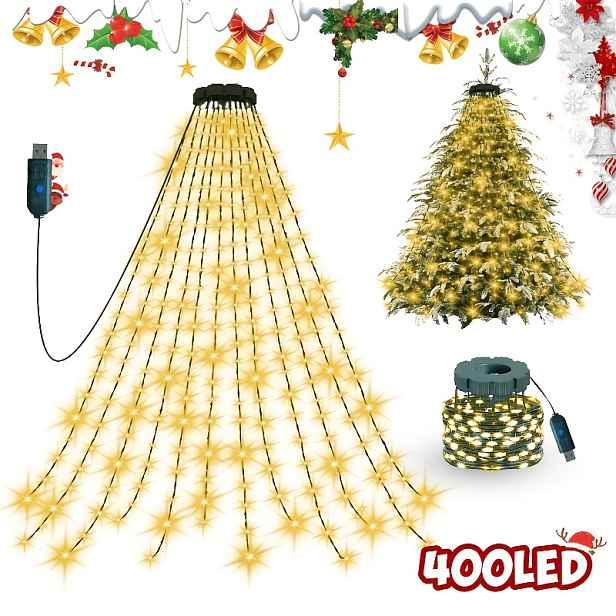TEMU 1 balení vánočních světel ve tvaru vodopádu na , 400/220 LED teplá bílá pohádková světla, USB napájená vnitřní závěsná světla na svátky, 8