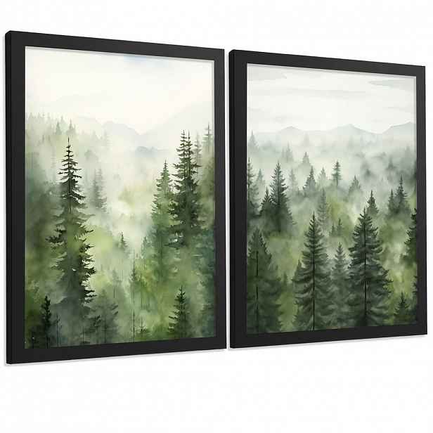 PLAKAT Sada 2 dekorativních tisků Nordic Forest Landscape obývák Obrázky - Zelené dekorativní plakáty Dekorace ložnice Obývací pokoj A4 černý rám
