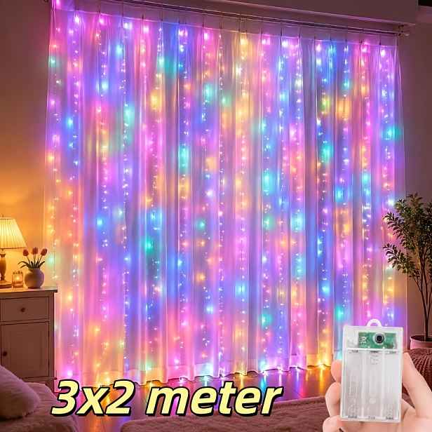 TEMU 300/200 LED světelný řetěz, napájený AA bateriemi (baterie nejsou součástí balení), barevné vnitřní světelné závěsy, 8 nastavitelných režimů,