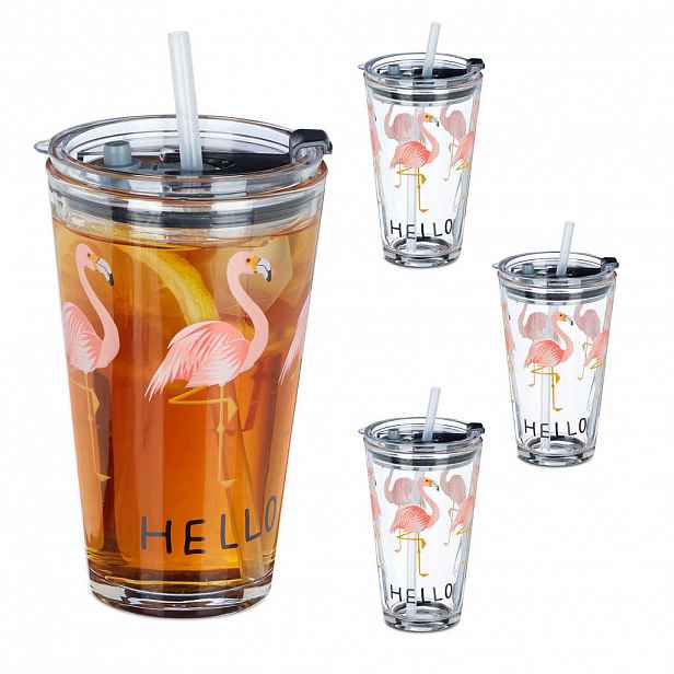 Relaxdays SKLENICE Průhledná růžová 4-dílná sada motiv plameňáka s víčkem a brčkem 450 ml