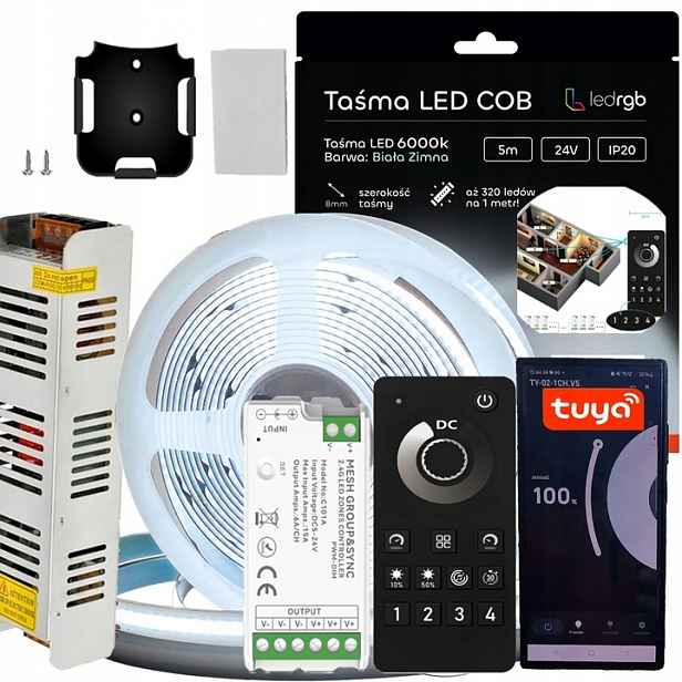Sada Led pásků Cob 24V 5 m Bílá Z. 6000K Napájecí Zdroj Tuya Bt Zóny Dálkový Ovladač