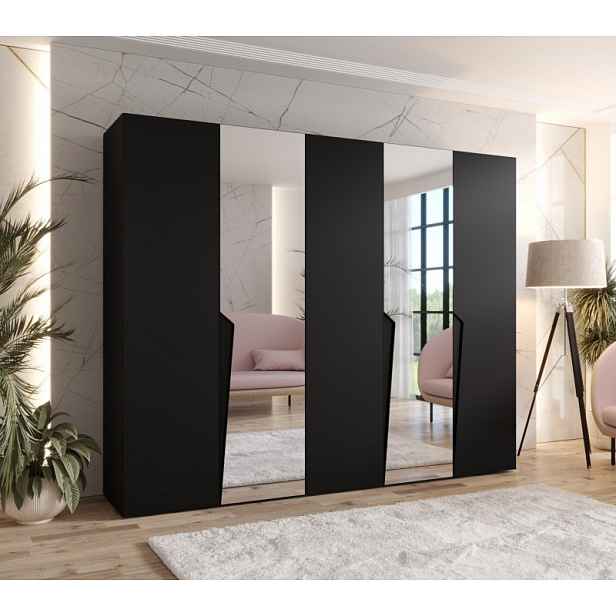 Široká šatní skříň 250 cm SORAYA 2 se zrcadlem - černá / černé úchyty