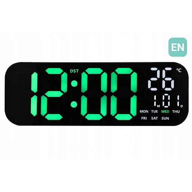 Velké Zelené Led Hodiny S Dálkovým Ovládáním Jvd DH9016.2 Teploměr Stopky Časovač 46 cm