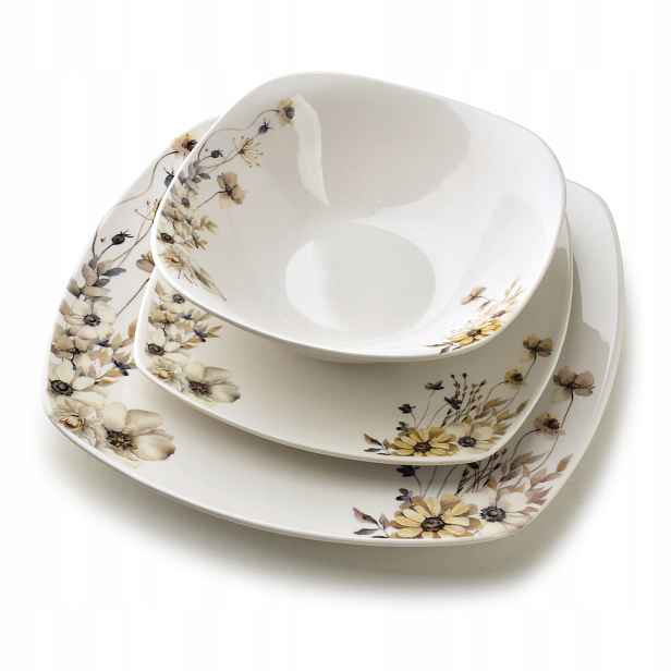 Jídelní set 18 ks čtvercový porcelánový s květinami pro 6 osob