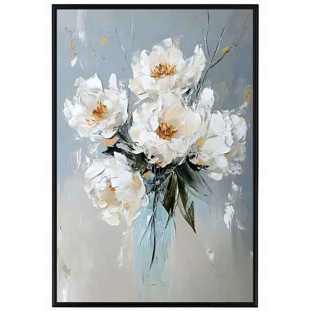 Plakát Rámeček Hliníkový Olej Impasto Květiny Bílé Pivoňky Kytice 40x60