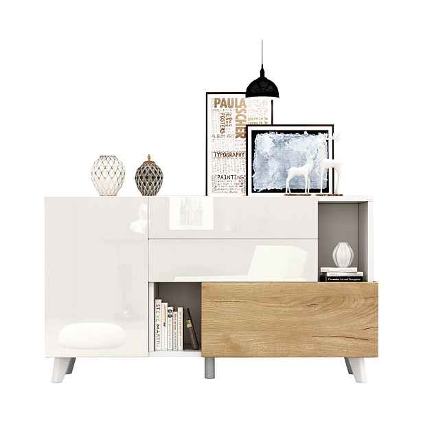 EVRYAE SIDEBOARD ve skandinávském designu s Push-Open a 2 zásuvkami, Bílá/dřevo, dřevotříska