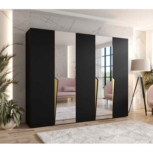 Široká šatní skříň 250 cm SORAYA 2 se zrcadlem - černá / zlaté úchyty
