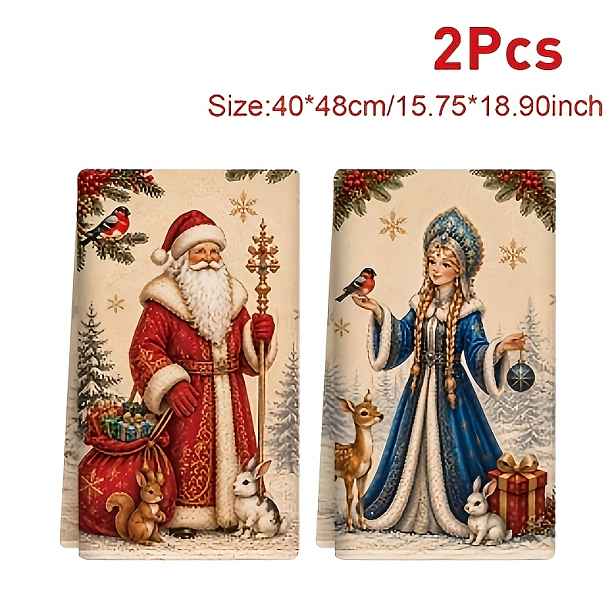 TEMU 2 ks, Vánoční utěrka na nádobí, Čisticí utěrka s Santa a Sněhové panny, Měkká a savá, Perfektní dekorace na vánoční tematickou párty, Pratelná