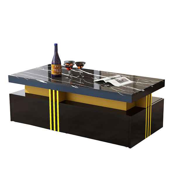 EVRYAE KONFERENČNÍ STOLEK s deskou ve vysokém lesku a 2 dřevěnými zásuvkami dekor mramoru 100/50/40 cm