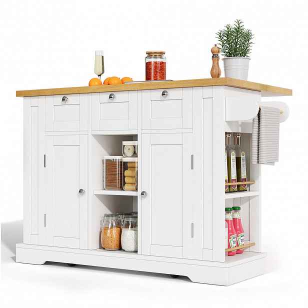 Modfu KUCHYŇSKÝ ostrůvek z MDF 132x40(70)x87 cm bílá/přírodní se sklopnou deskou, zásuvkou USB a kolečky