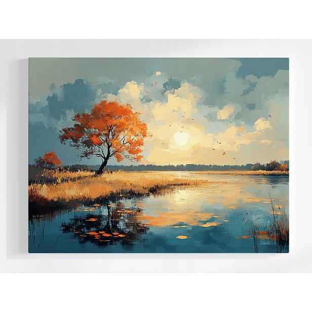 Plakát Voda Krajina Jezero Dřevo Podzim Slunce Příroda 100x75