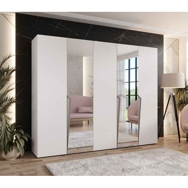 Široká šatní skříň 250 cm SORAYA 2 se zrcadlem - bílá / kašmírové úchyty