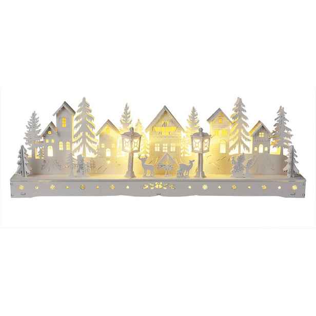 Dřevěná LED dekorace VESNICE bílá délka 45 cm
