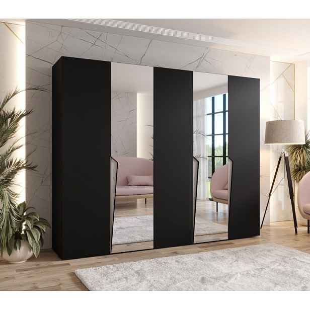 Široká šatní skříň 250 cm SORAYA 2 se zrcadlem - černá / kašmírové úchyty