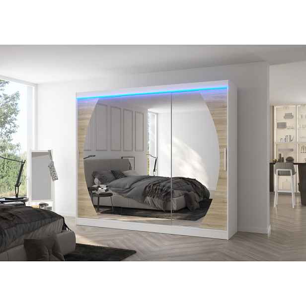 Velká zrcadlová skříň 250 cm s LED osvětlením DANIA - bílá / dub sonoma