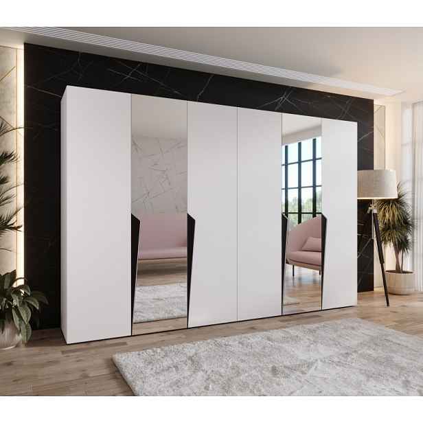 Zrcadlová šatní skříň 300 cm SORAYA 2 - bílá / černé úchyty