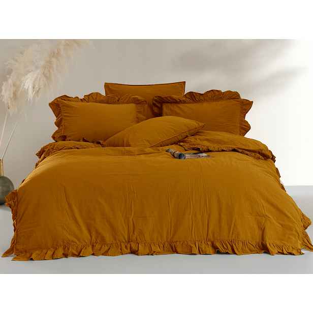 Povlečení 220x200 hořčicové s volánkem jednobarevné Stonewashed Mustard