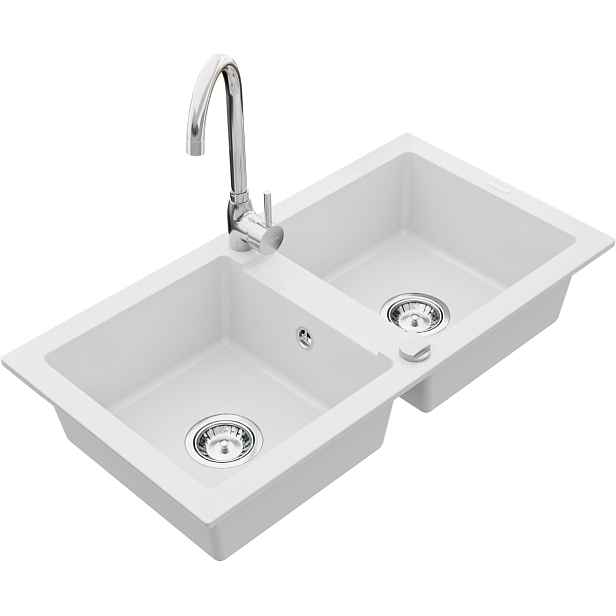 Dvoukomorový granitový dřez MEXEN MARIO s kuchyňskou baterií bílý/chrom