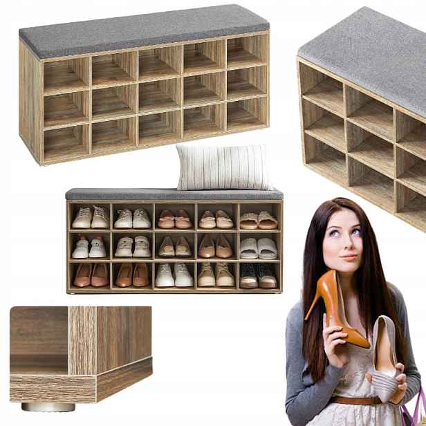 Lavička na boty do předsíně se sedákem Regál na 15 párů Skříňka Šedá