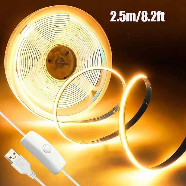 TEMU 0,5M-4,5M USB LED COB světelný pásek s ovládáním tlačítkem, teplá bílá, studená bílá, flexibilní ohebný design, pro snadnou instalaci, jemný